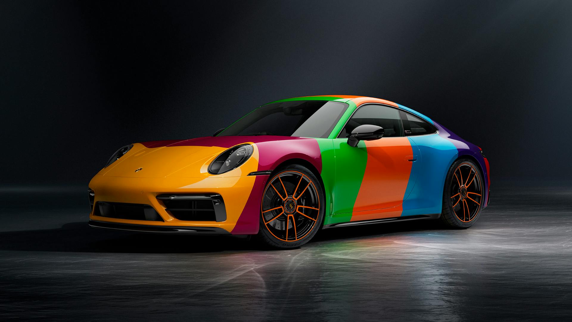 Dreams in Colours: Sideview of 911 model painted in bars with all seven colours of the 30 Years Porsche Thailand Edition.