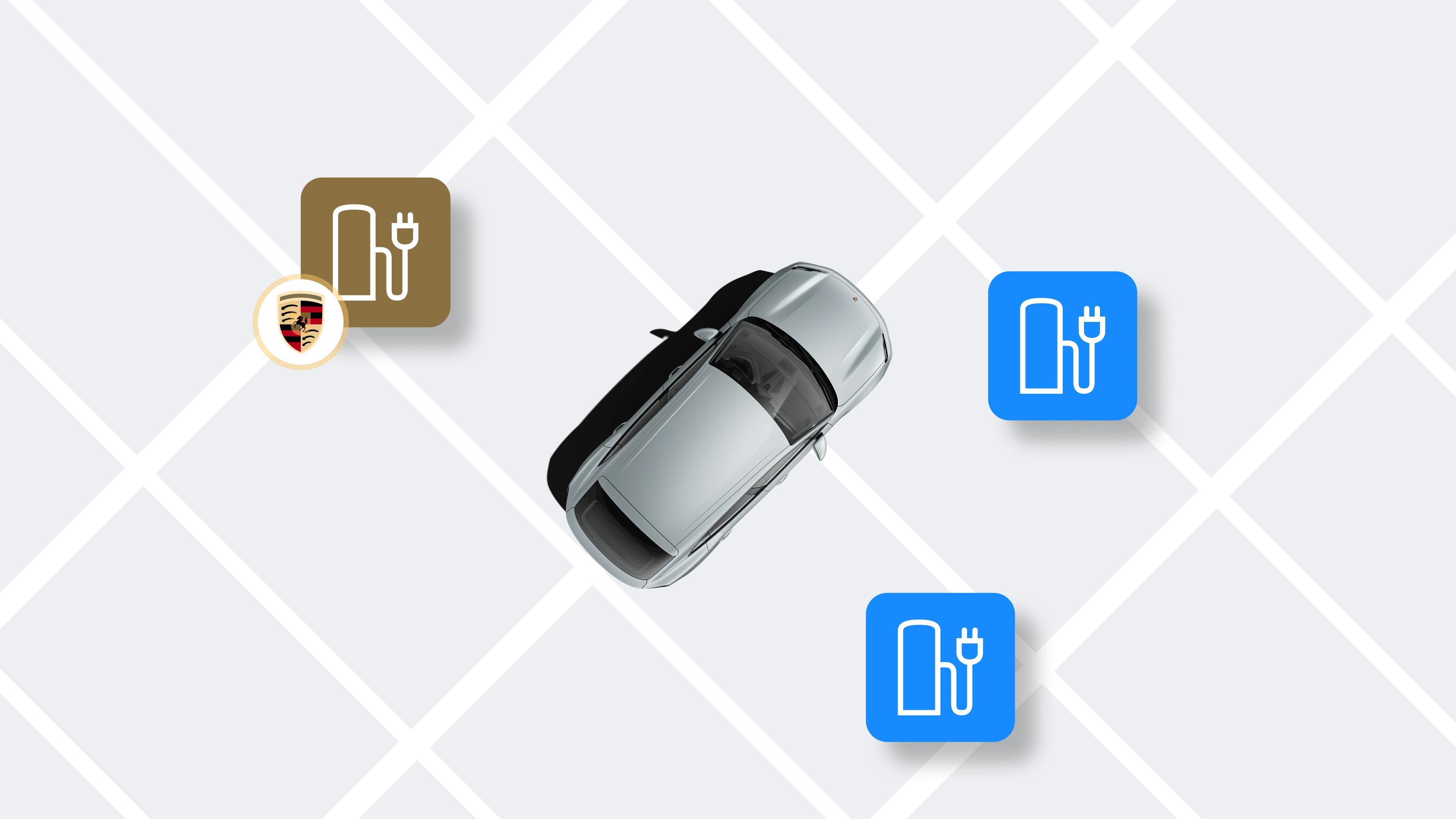 Vista de la aplicación que muestra una vista superior de un Porsche gris en un mapa cuadriculado con iconos de puntos de recarga, incluido el símbolo de Porsche Charging.