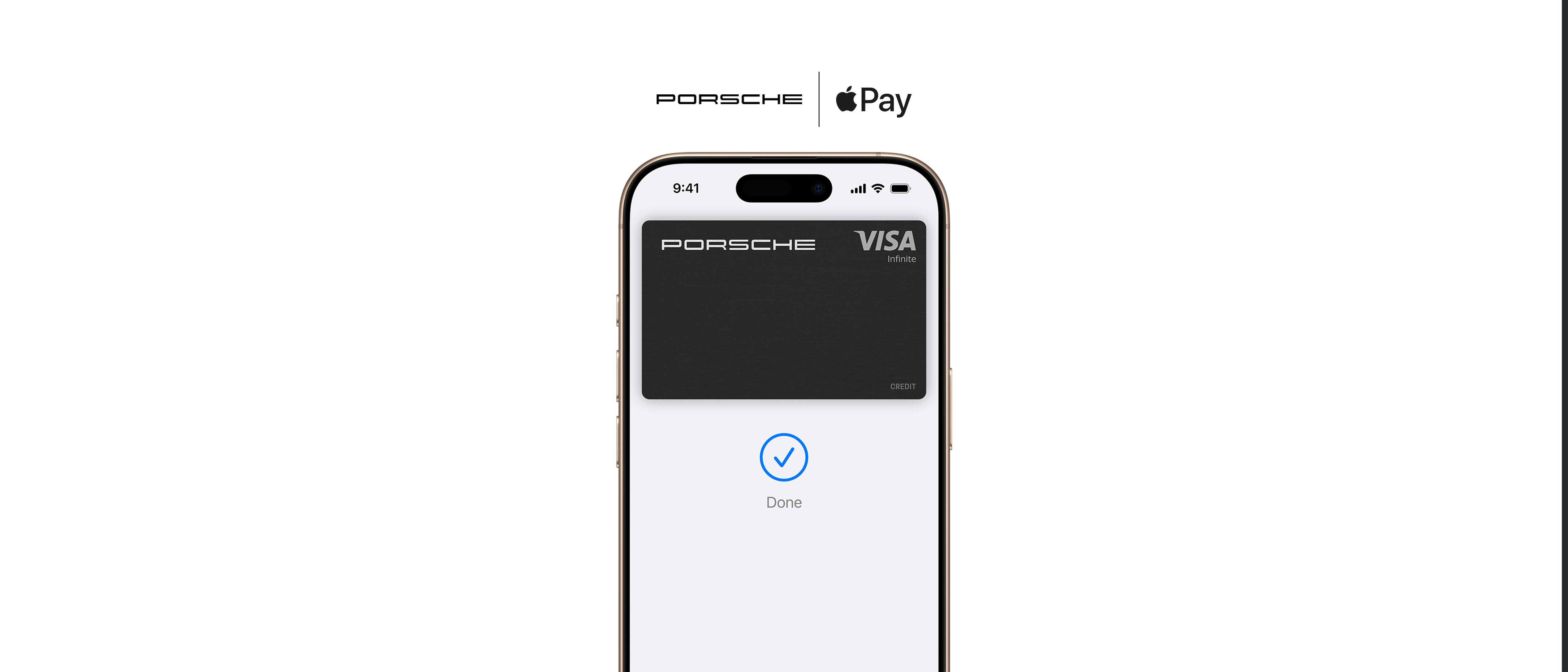 iPhone mit digitaler Porsche Card in der Wallet-App, Anzeige 'Done' mit Häkchen, Text: "Das iPhone ist jetzt Ihre Porsche Card."