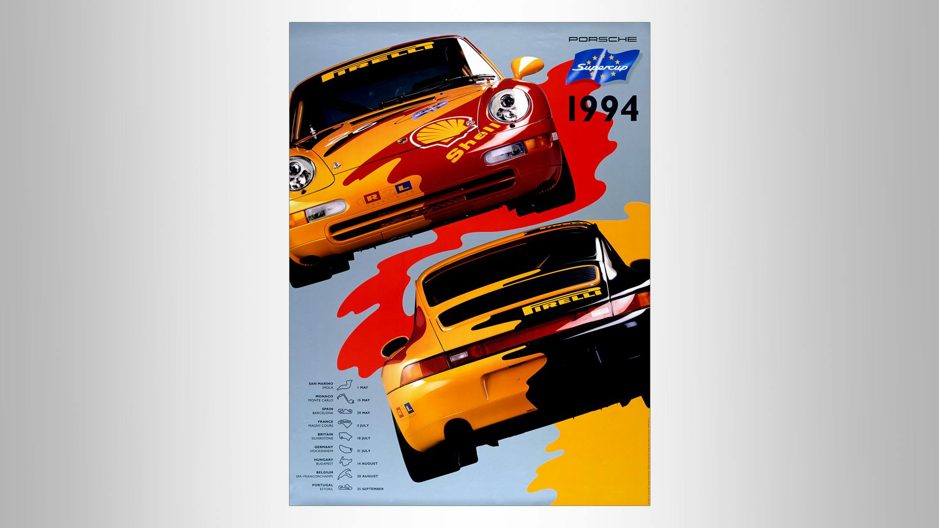 Victory poster with two colorful Porsche racecars and the writing: Porsche supercup 1994.