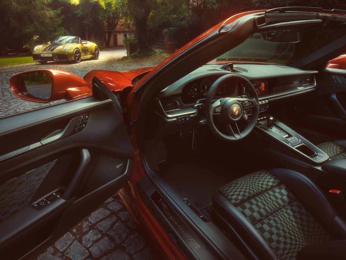Porsche 911 Targa with Heritage Design Package Pasha. View through the open driver's door into the cockpit.