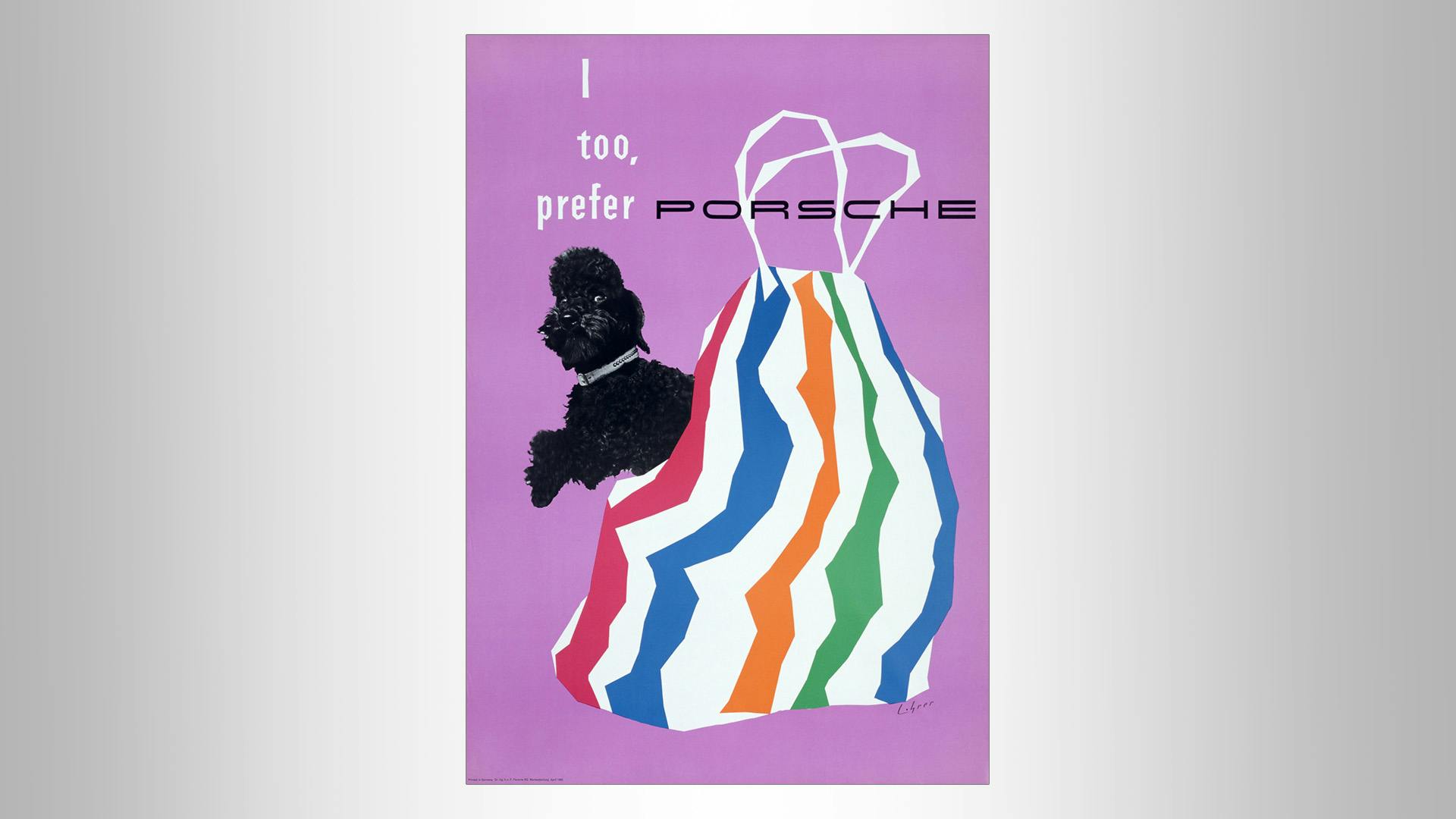 Vintage Porsche advertising poster grafic style with dog in bag: I too prefer Porsche.