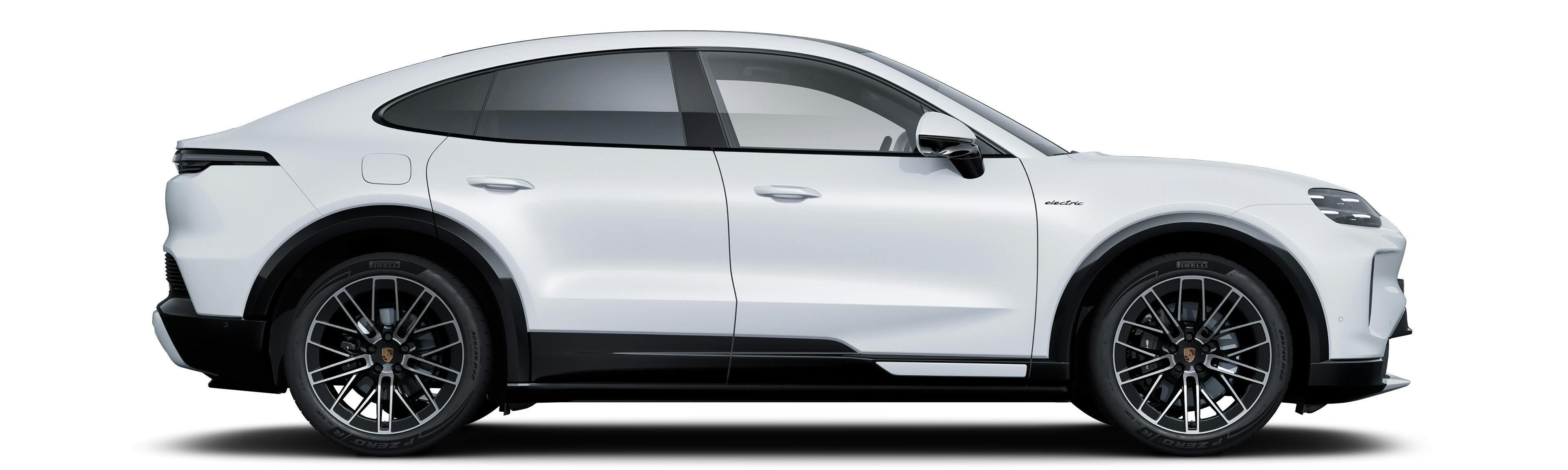 The side profile of a Porsche Cayenne S Coupé Electric against a white background.