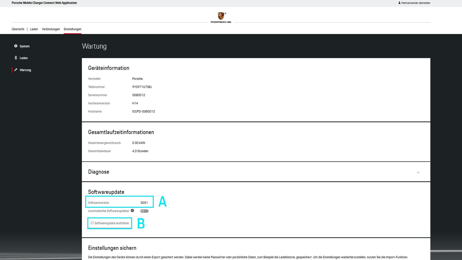Menü Wartung in der Web-Applikation. Software-Version und Software Update durchführen sind markiert.