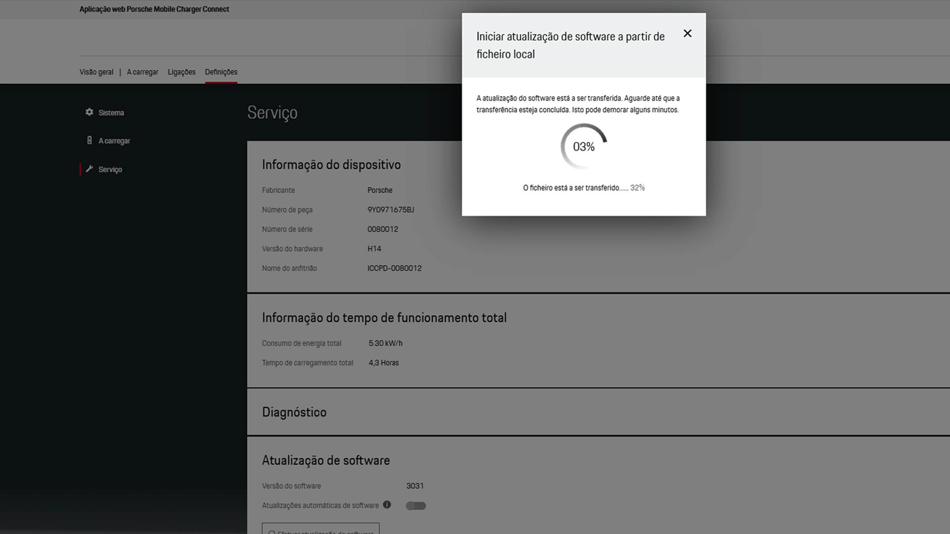 Exibição do progresso da atualização de software após o início de uma atualização local.
