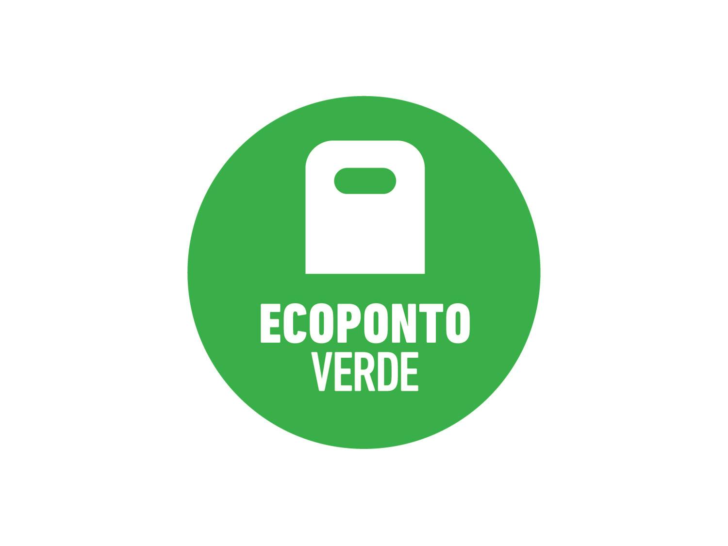 Círculo verde com ícone de um contentor de lixo e texto “Ecoponto Verde”.