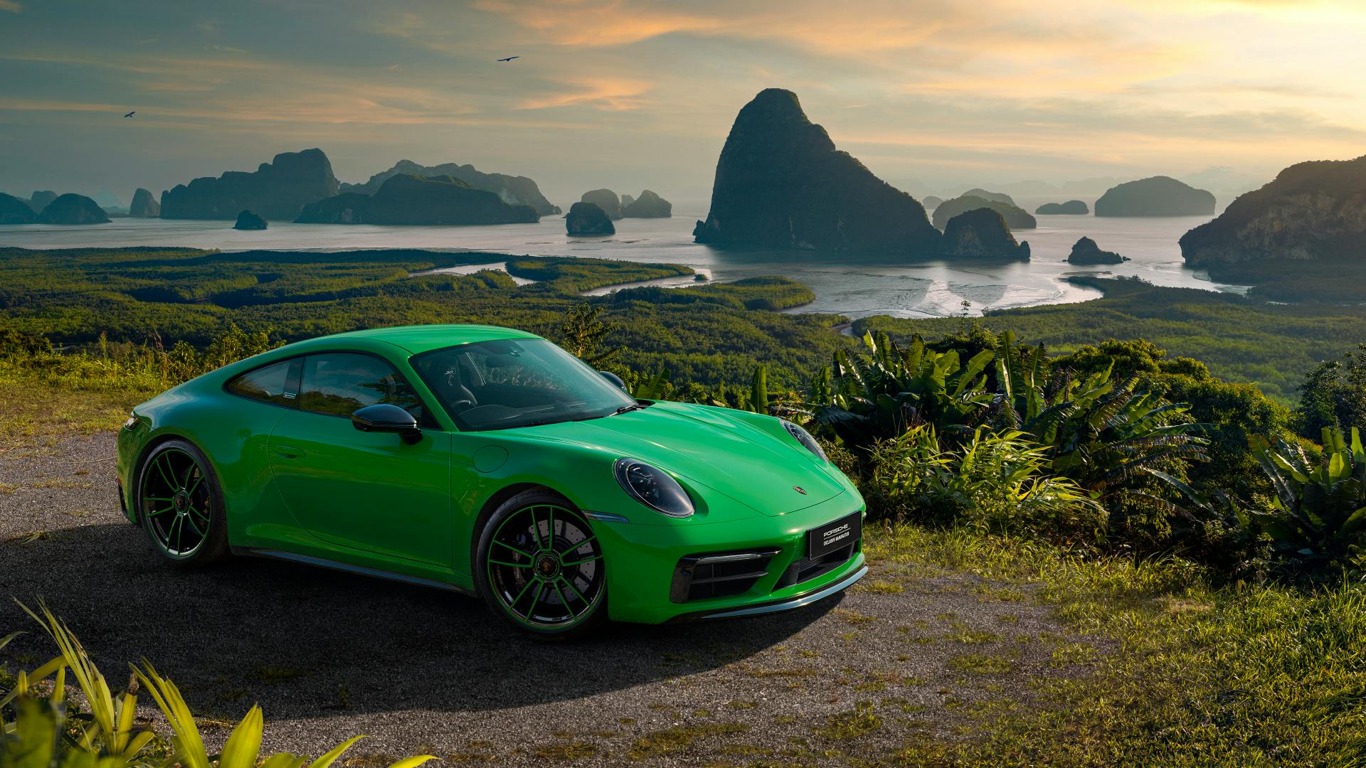 Dreams in Colours: Signalgreen 911 model drives trough a landscape.