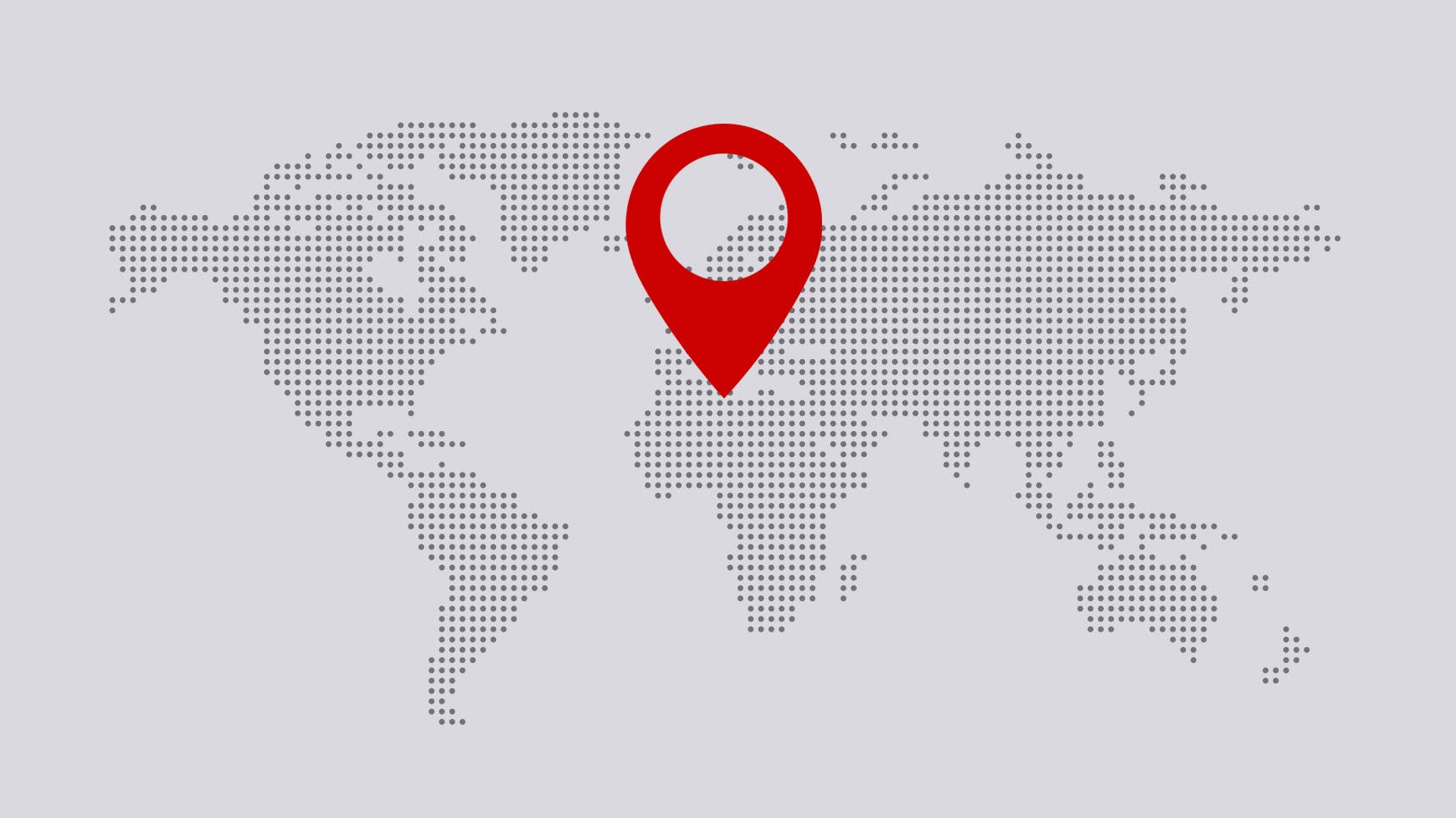Large red location pin on a stylised world map made of gray dots.