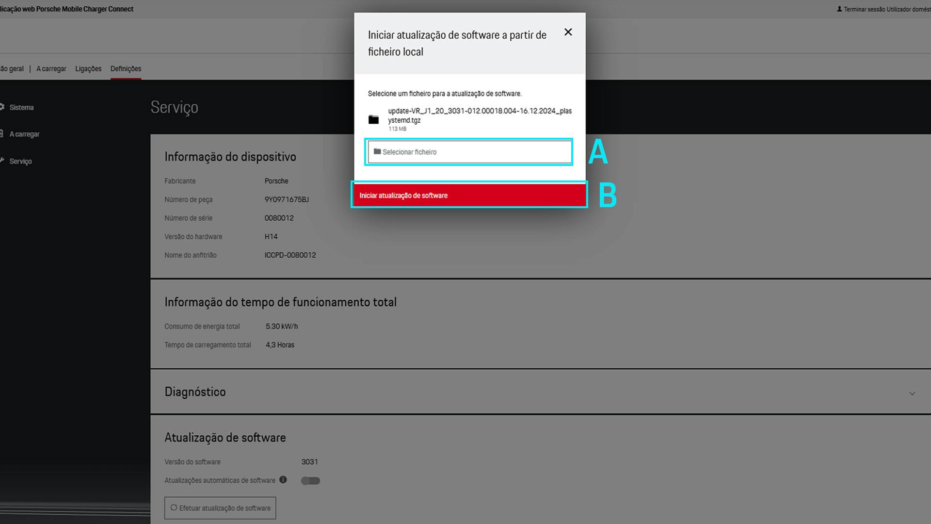 Seleção de arquivos dos arquivos locais para atualização de software. O botão Iniciar atualização de software é destacado.