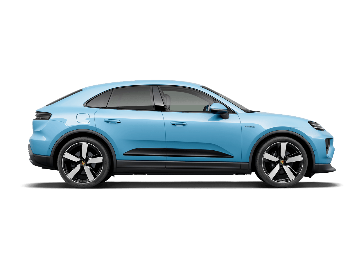 Side view/profile of a Porsche Macan in Frozen Blue Metallic.
