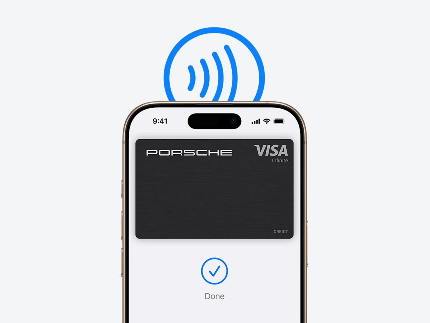 iPhone mit digitaler Porsche Card in der Wallet-App, Anzeige 'Done' mit Häkchen, darüber ein Symbol für kontaktloses Bezahlen.