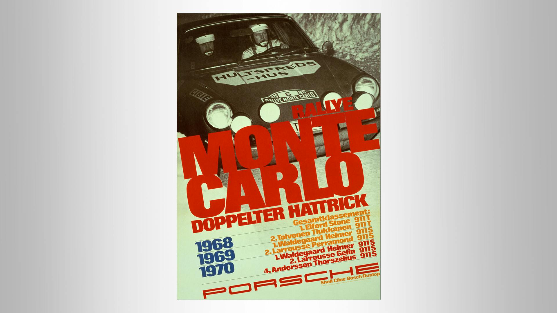 Porsche race poster with black-white photo and red lettering: Rallye Monte Carlo 1970 doppelter Hattrick.