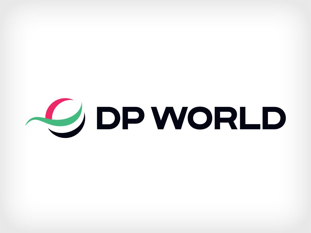 On the left, a stylised, round symbol with curved lines in red, green and black. To the right of this is the text “DP World” in dark, clear typeface on a light background.
