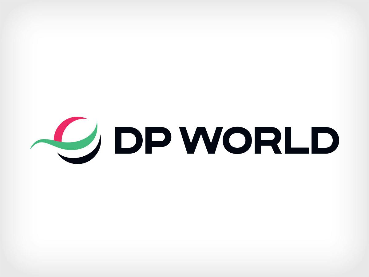 On the left, a stylised, round symbol with curved lines in red, green and black. To the right of this is the text “DP World” in dark, clear typeface on a light background.
