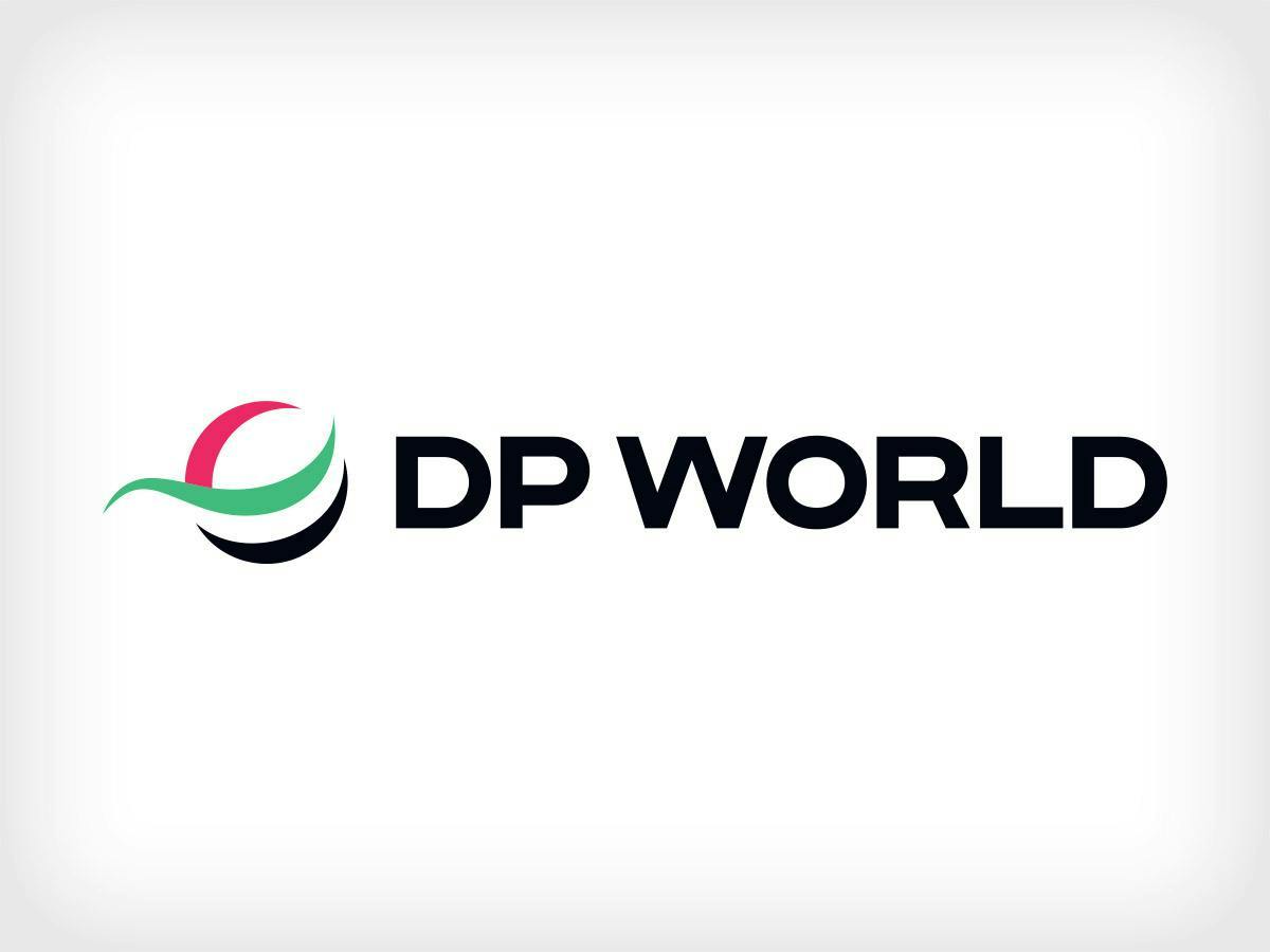 On the left, a stylised, round symbol with curved lines in red, green and black. To the right of this is the text “DP World” in dark, clear typeface on a light background.