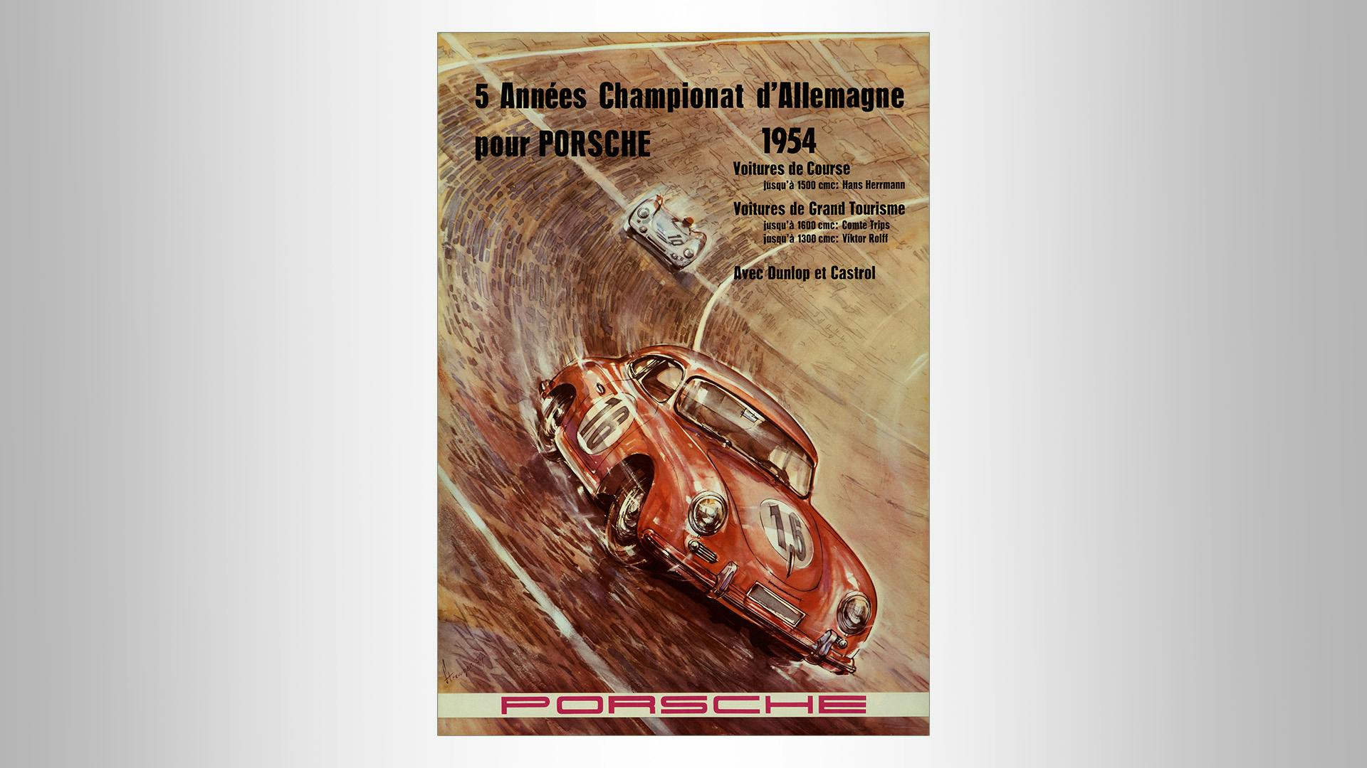 Porsche racing poster in painted style, two Porsche racing cars and black lettering: 5 Années Championat d`Allemagne pour Porsche 1954.