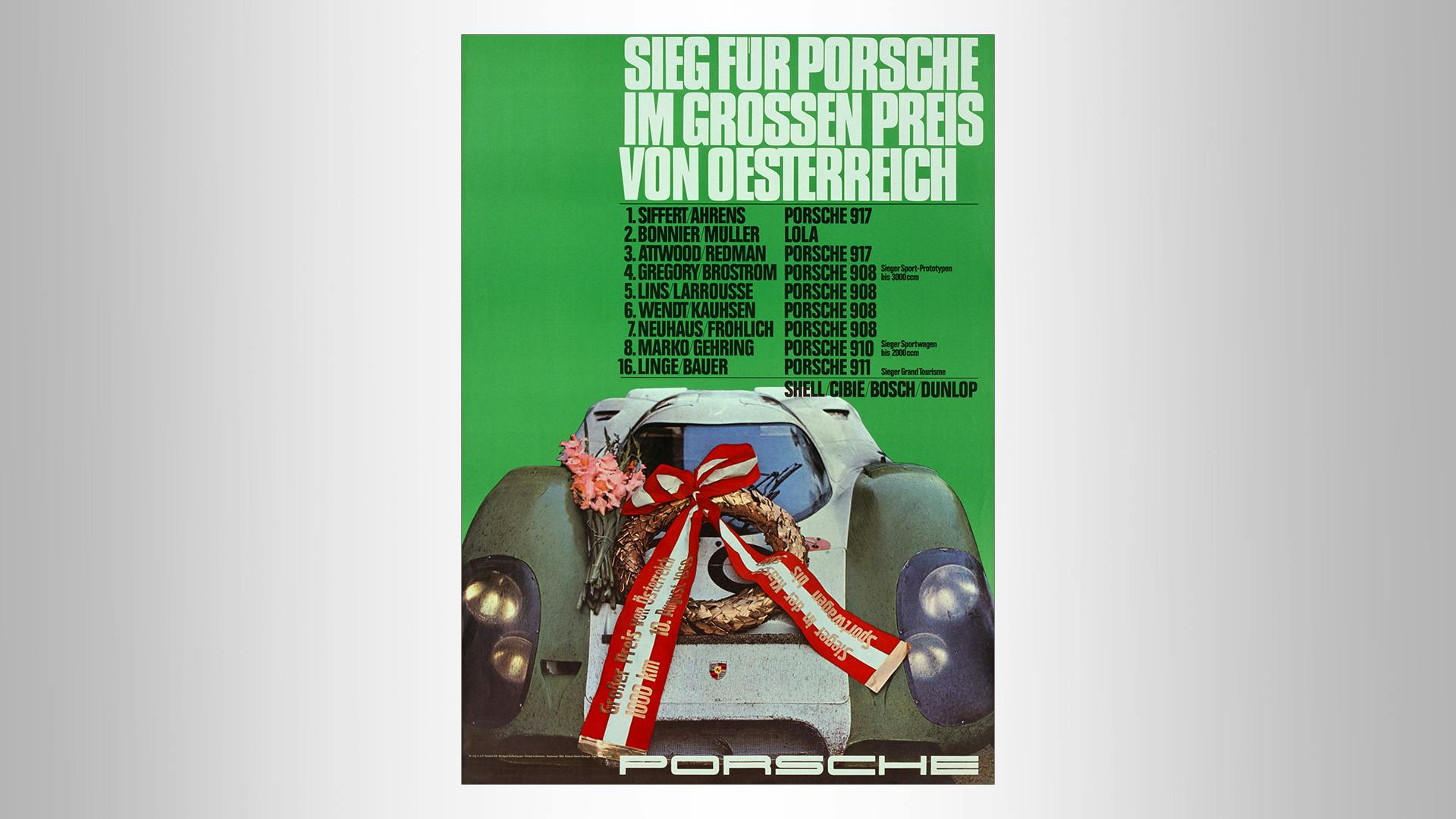 Victory poster of a historic silver Porsche on green background and the writing: Grand Prix Austria.