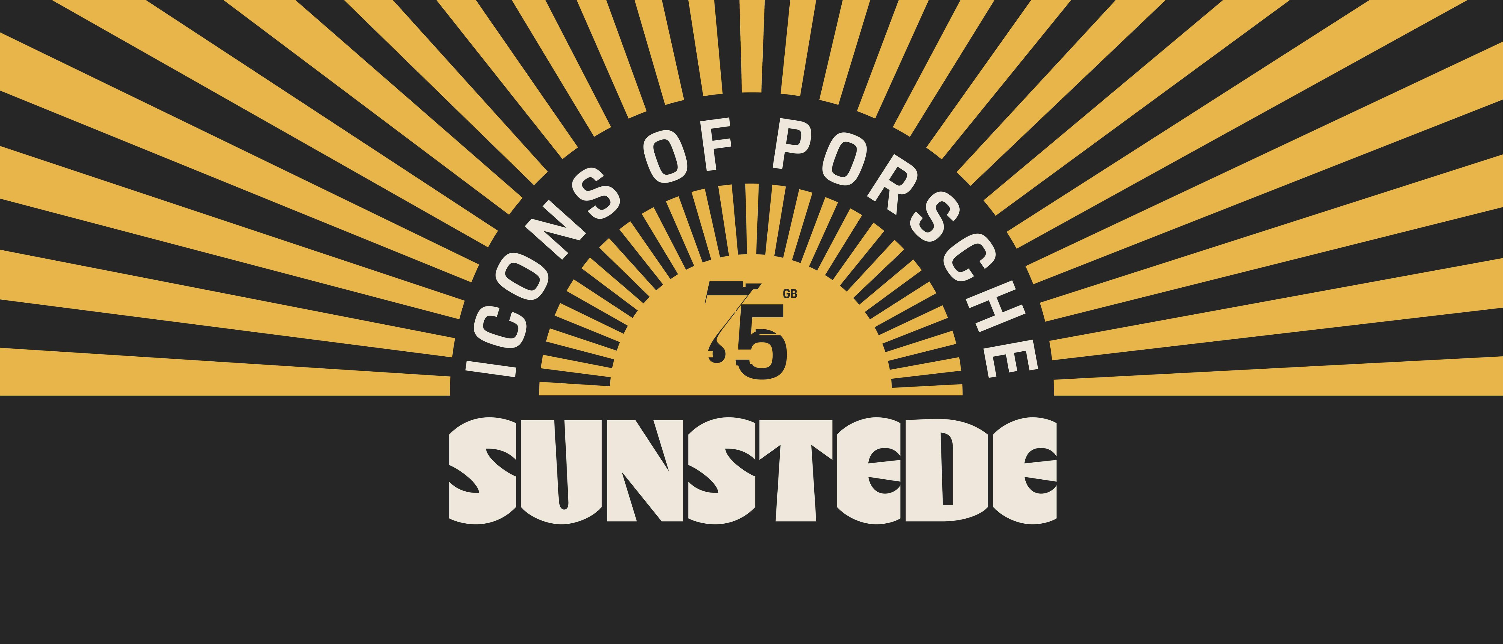 A bold, stylised graphic featuring a black‑and‑yellow sunburst with the words “ICONS OF PORSCHE” arched at the top. At the centre is the number “75” with “GB” above it. Below the sunburst, large text reads “SUNSTEDE,” with smaller text underneath saying “SILVERSTONE EDITION.” The design has a retro, celebratory feel for the 70th anniversary of the first Porsche car in the UK.​