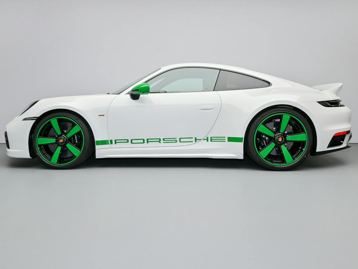 Side view of a Porsche 911 Sport Classic in white with Python Green accents