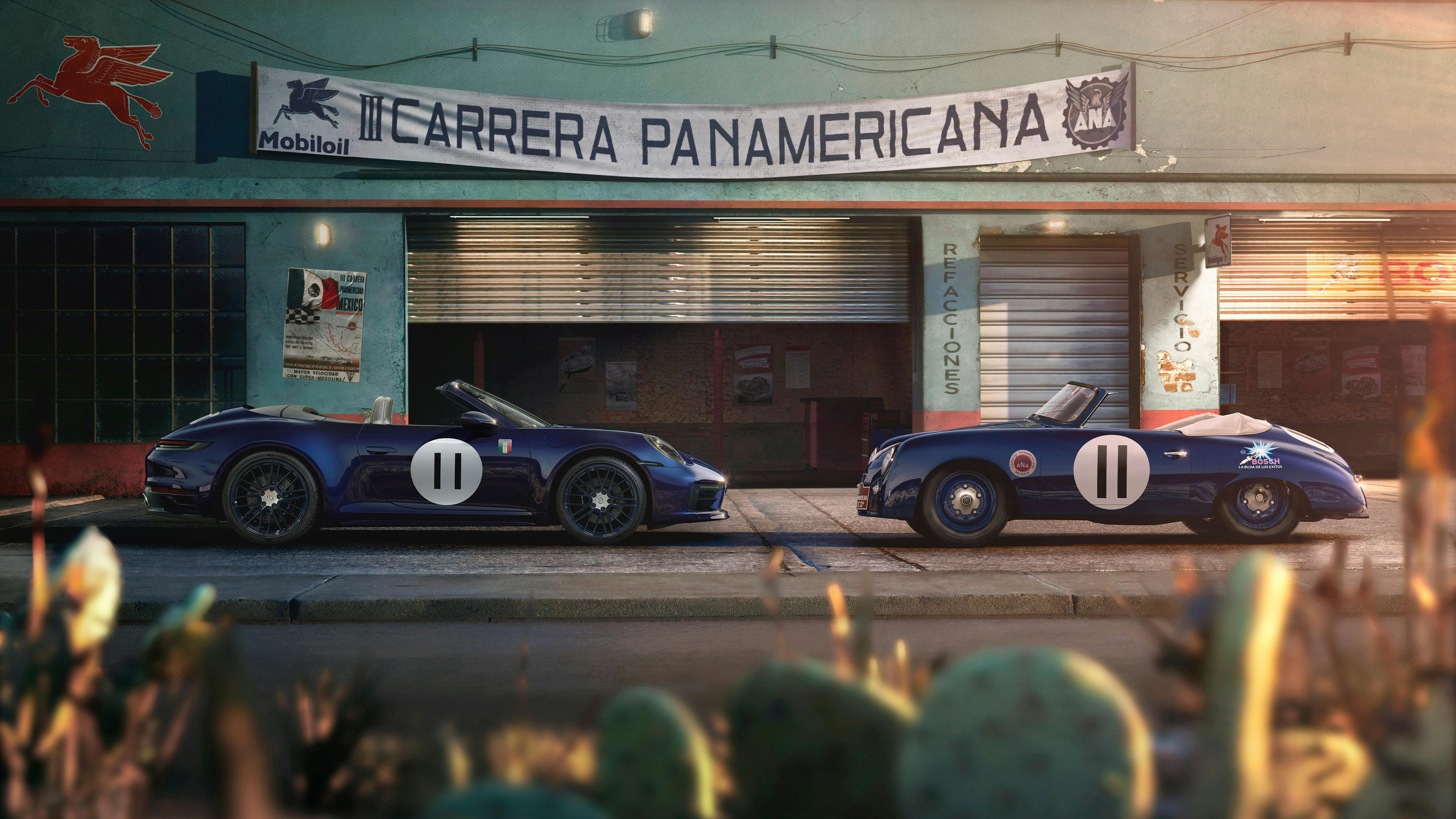 The Porsche 911 Carrera Panamericana Special in front of a Porsche 356 S Cabriolet.