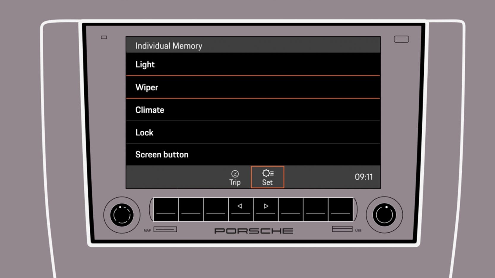 Image in purple with white outlined PCCM (Porsche Classic Communication Management) with display.