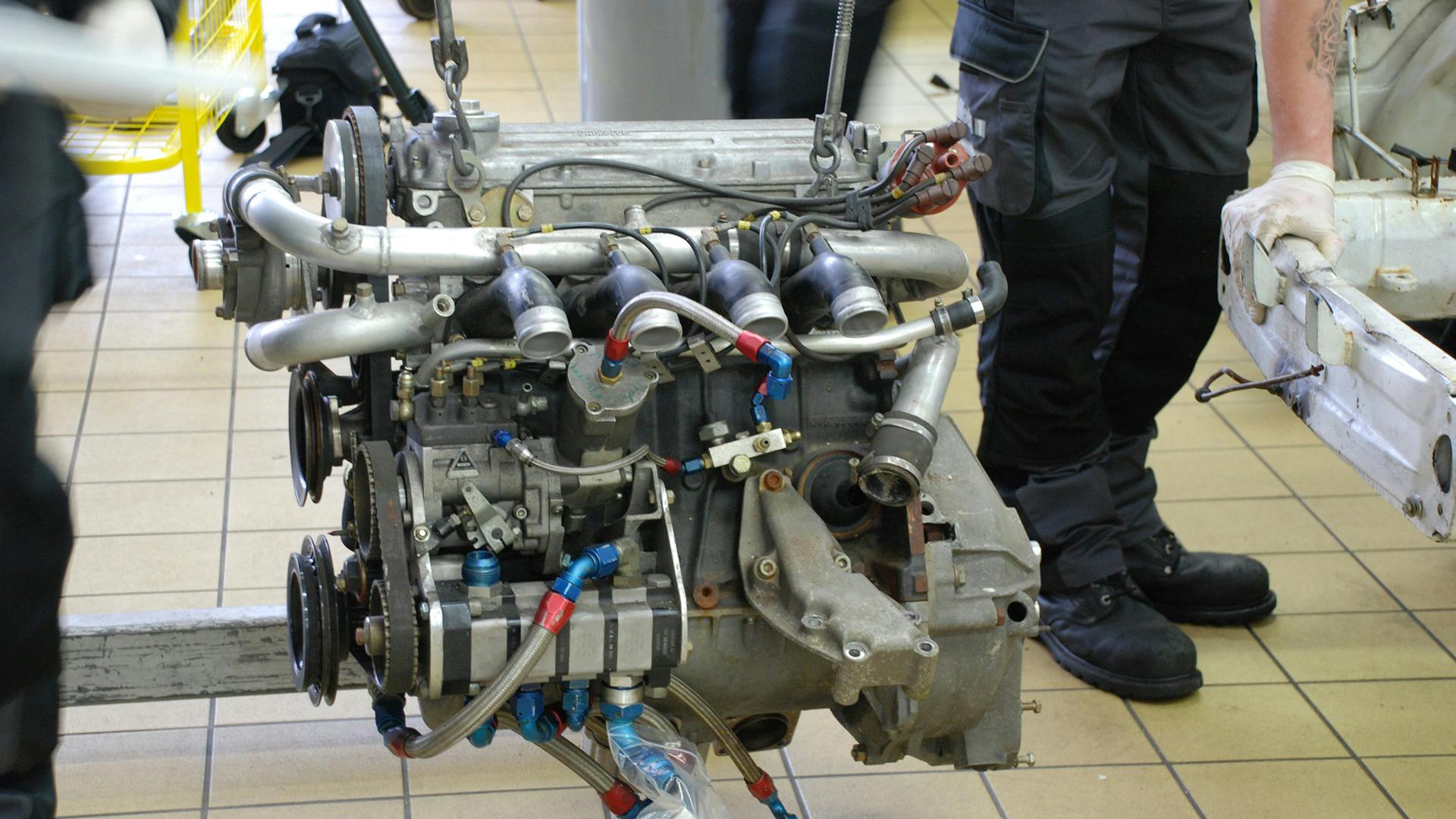 Engine of the Porsche 924 GTP at the workshop.