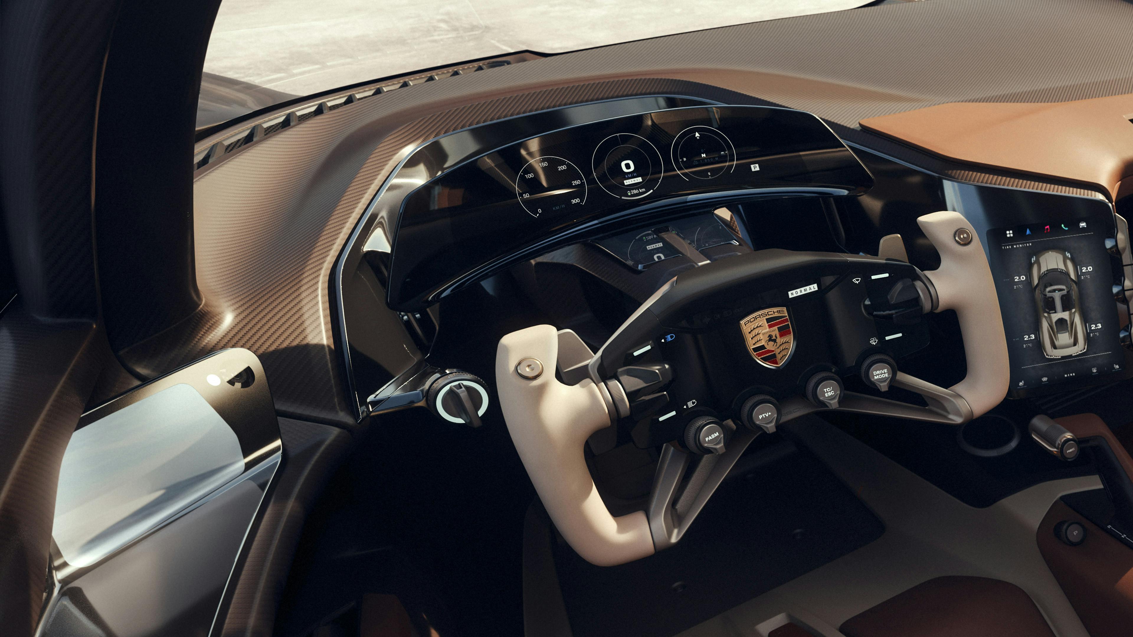 Porsche Mission X interior: detailed view of the centre screen and curved display.