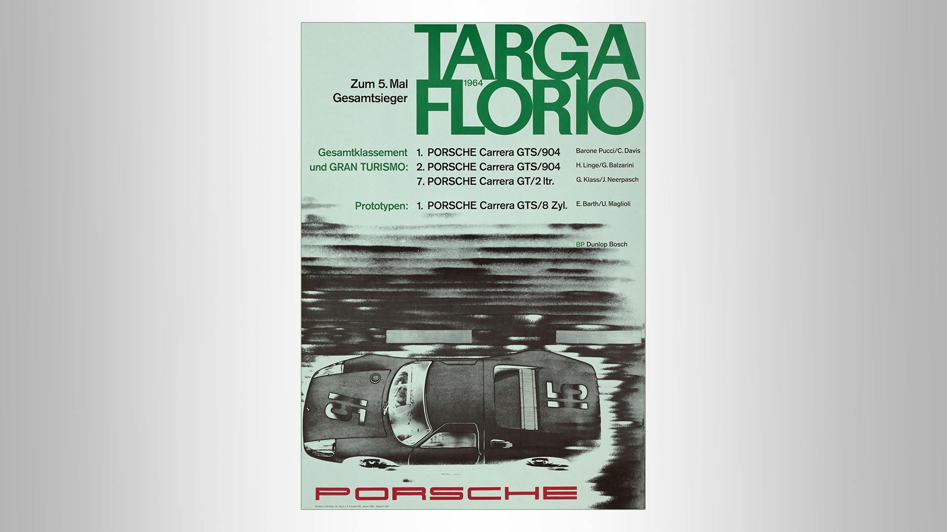 Porsche victory poster Targa Florio 1964: a black/white picture of a Porsche racecar on green background with green writing.
