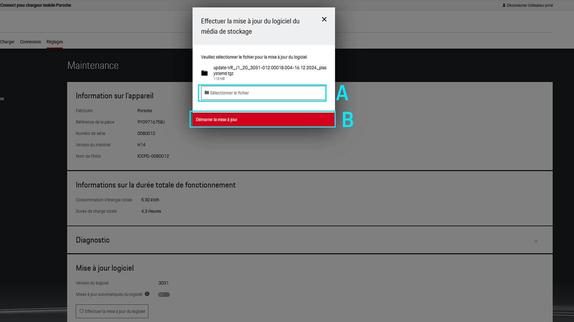 Sélection du fichier dans les fichiers locaux pour la mise à jour du logiciel. Le bouton Démarrer la mise à jour du logiciel est en surbrillance.