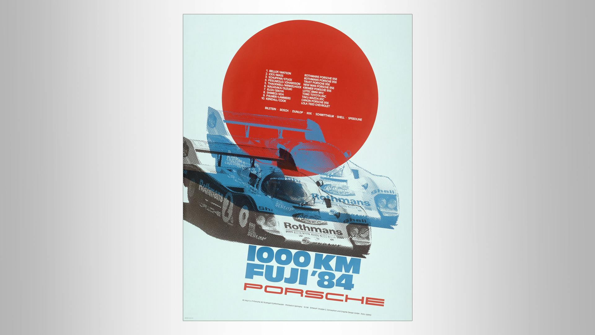 Racing poster with a Rothmans Porsche number 2 and the lettering: 1000 km Fuji 84 Porsche.