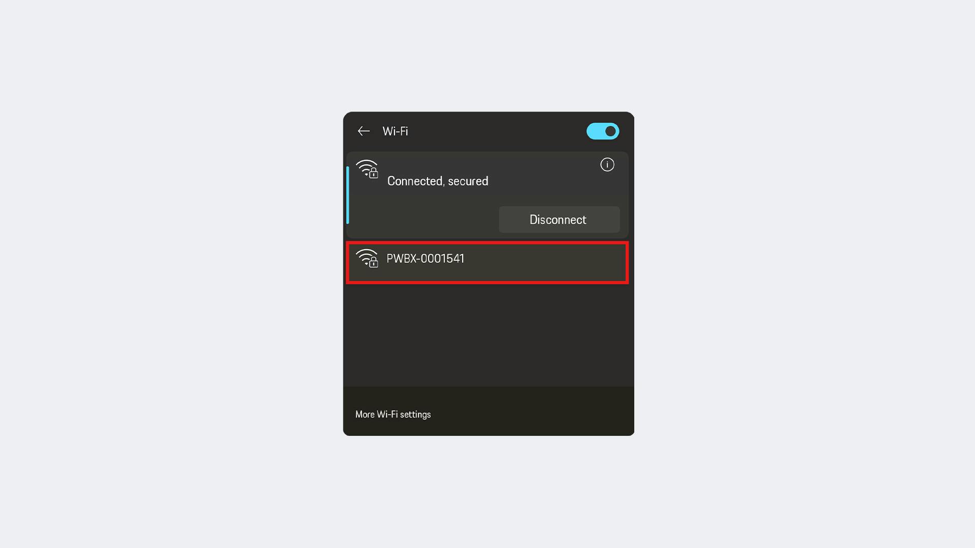 Wi-Fi settings menu. The network “PWBX-0001541” is highlighted.