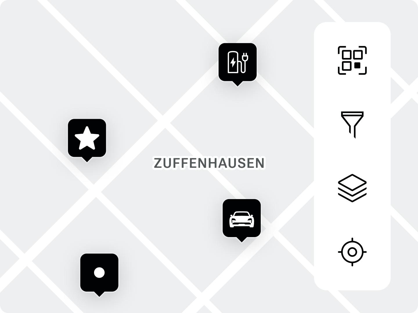 App view showing map with Zuffenhausen location and icons for favorites, workshop, vehicle plus filter options on the side.