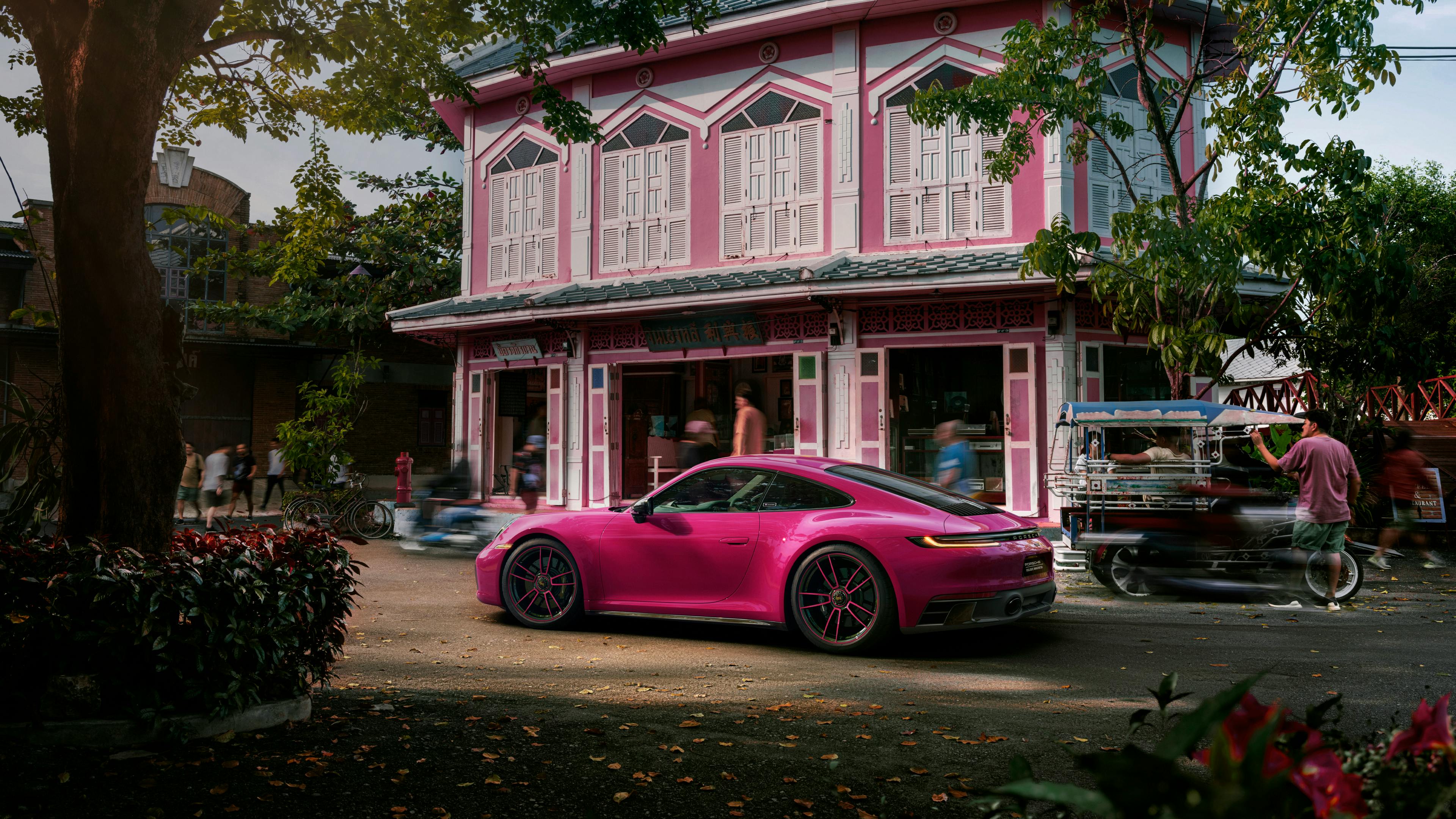 Dreams in Colours: Neon pink 911 model in front of a grandiose Sino-colonial mansion.