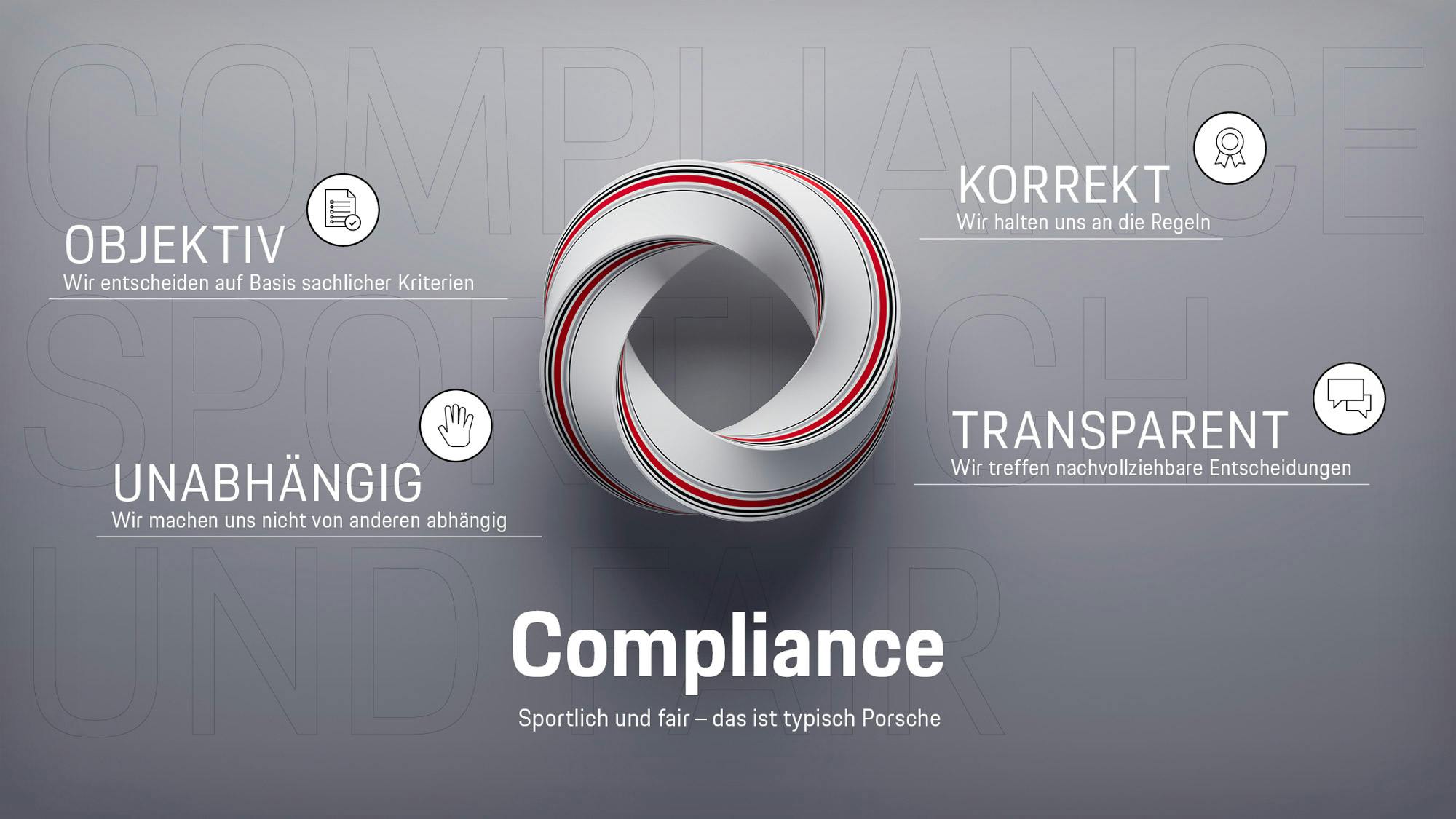 Silberne Informationsgrafik mit weisser Schrift. In der Mitte ist ein gedrehter weisser Ring mit einer roten Zierlinie. Darunter ist Compliance betitelt. Um den Ring sind die Begriffe Korrekt, Transparent, Unabhängig und Objektiv angeordnet.