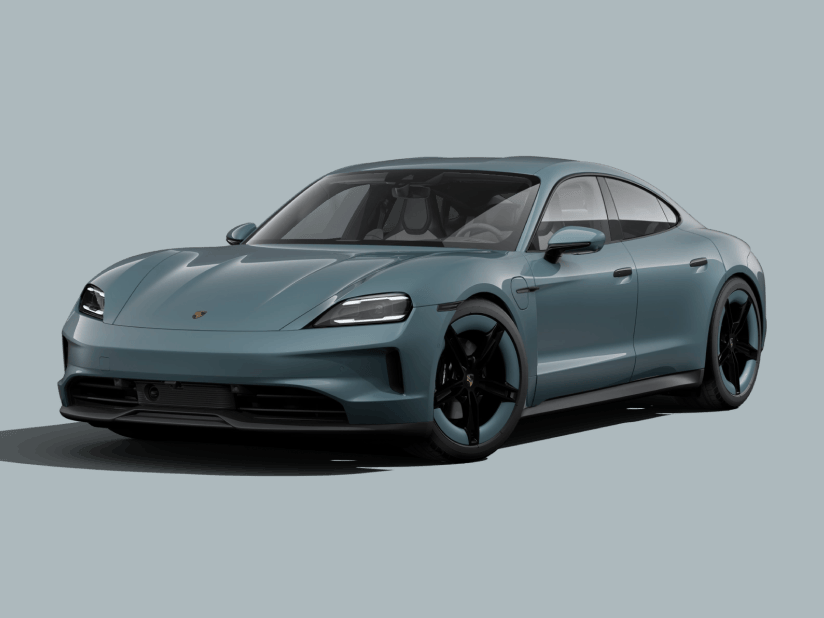 Taycan in Pale Blue Metallic. Front view of the front and side.