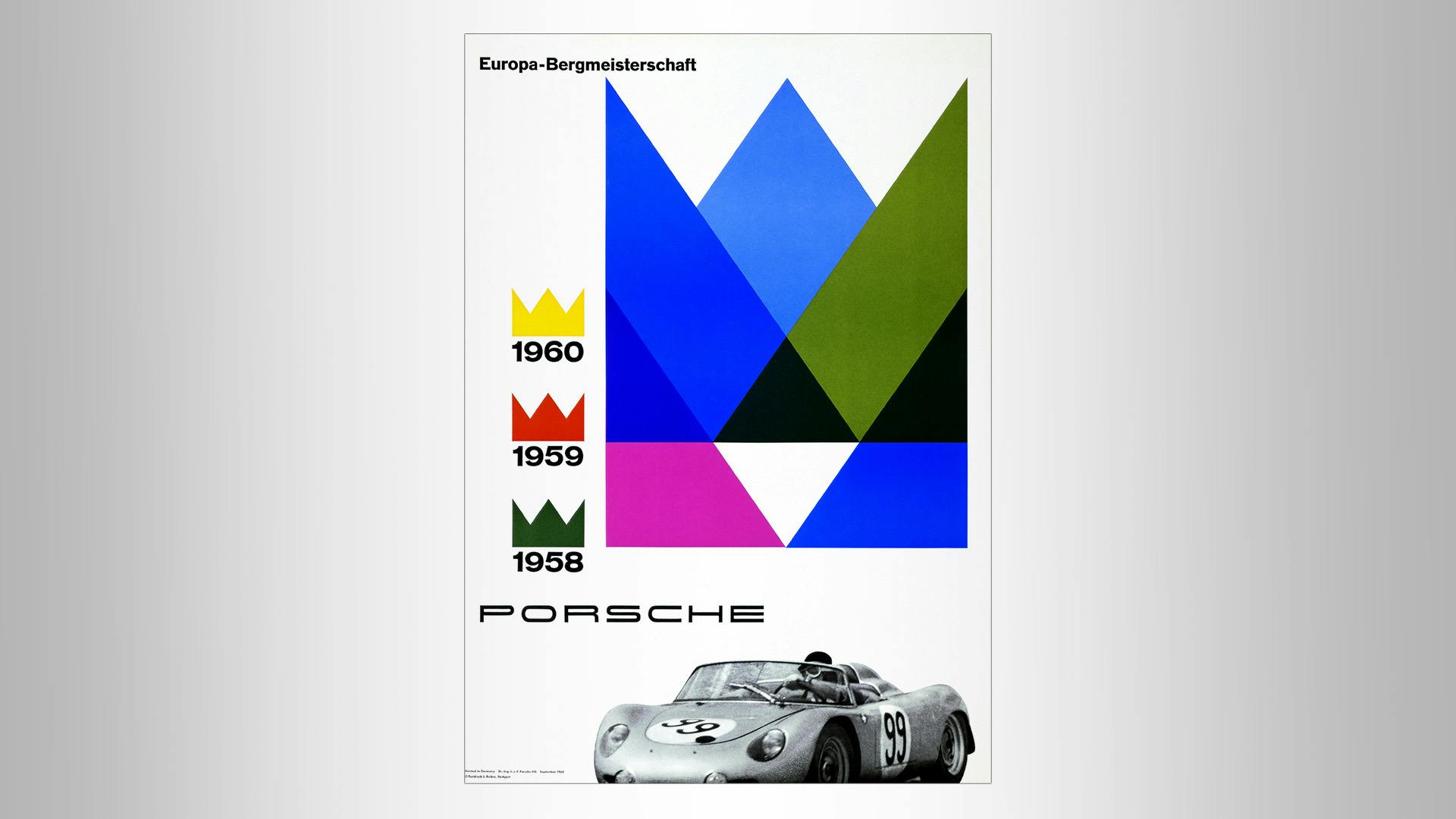 Porsche Europabergmeister race poster with grafic elements in blue, green, purple and a black/white photo of a Porsche sportscar.