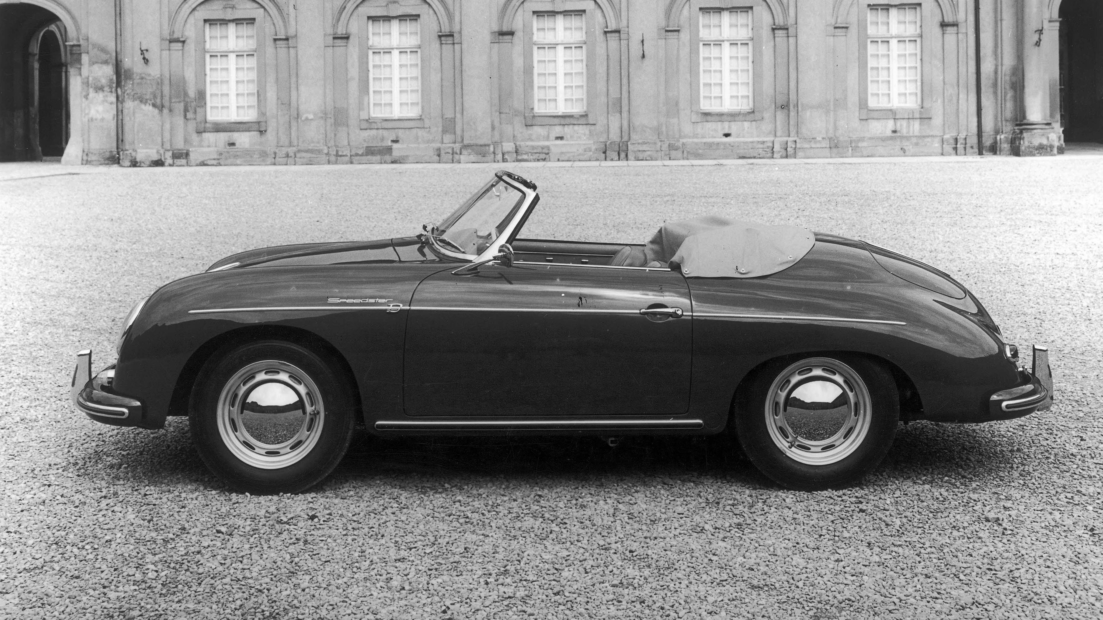 Black-and-white photo: Porsche 356 A 1600 Super Convertible