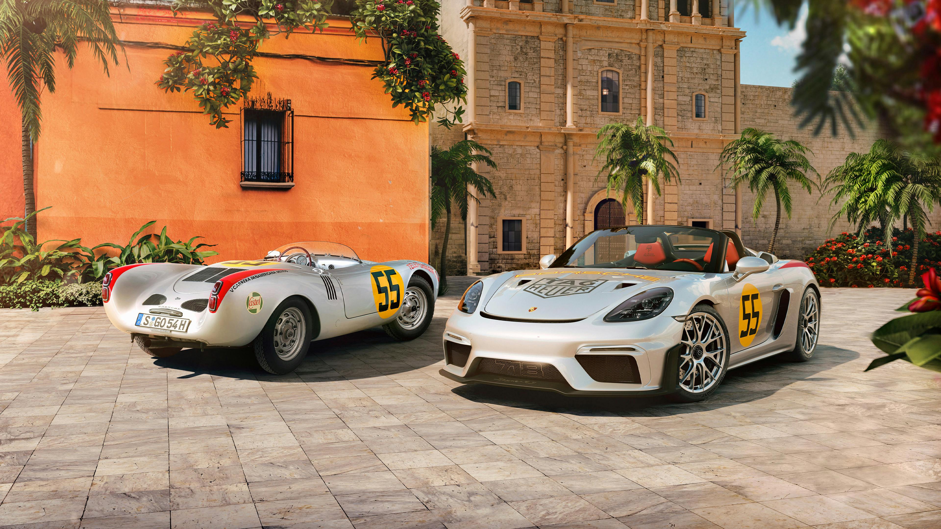 A Silver 718 Spyder RS Panamericana Special and an older model both with starting number 55 in Signal Yellow on the doors standing in opposite direction next to each other in a Mexican village square.