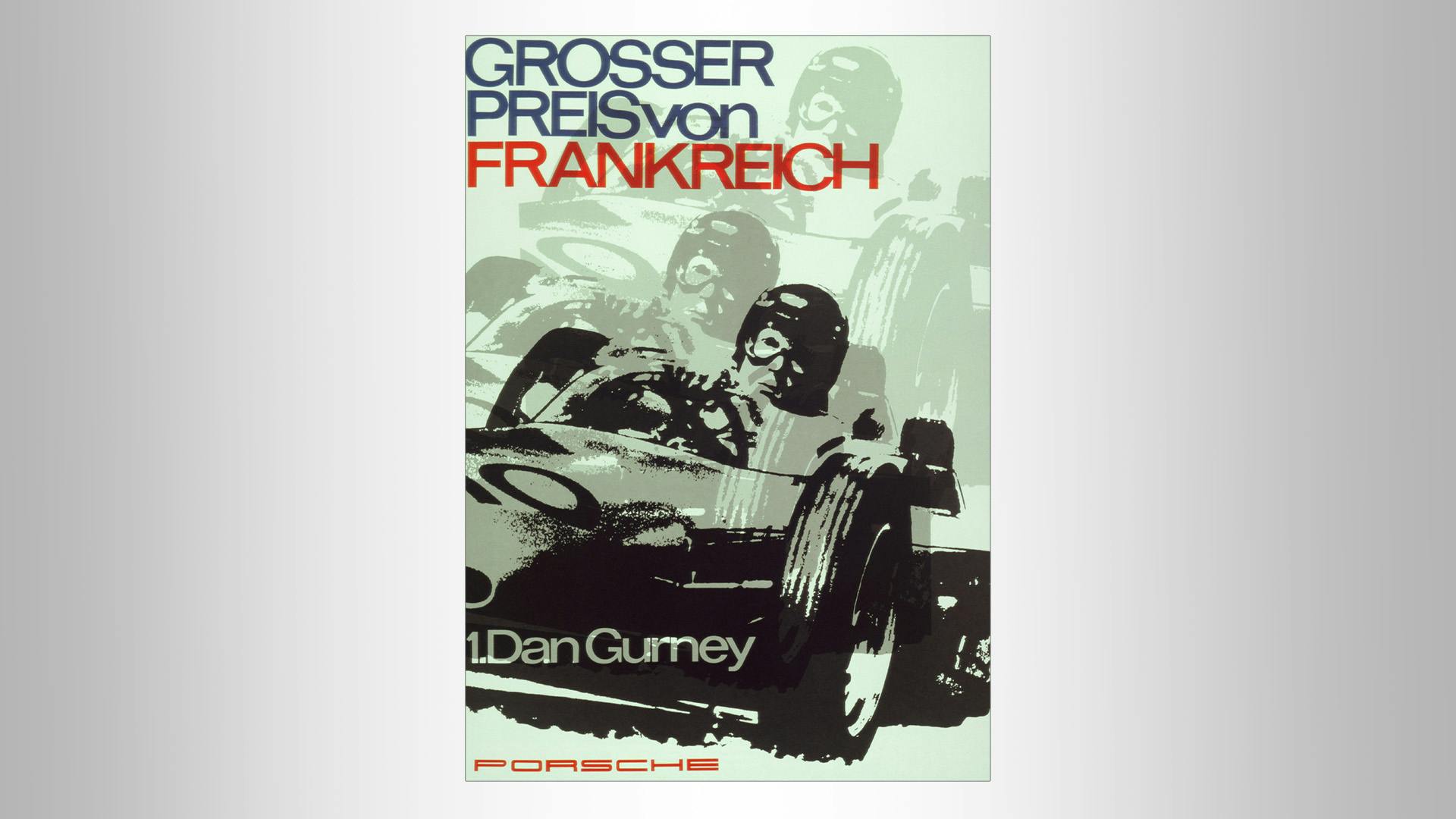 Porsche Victory poster grafic style with Dan Gurney and blue/red writing.