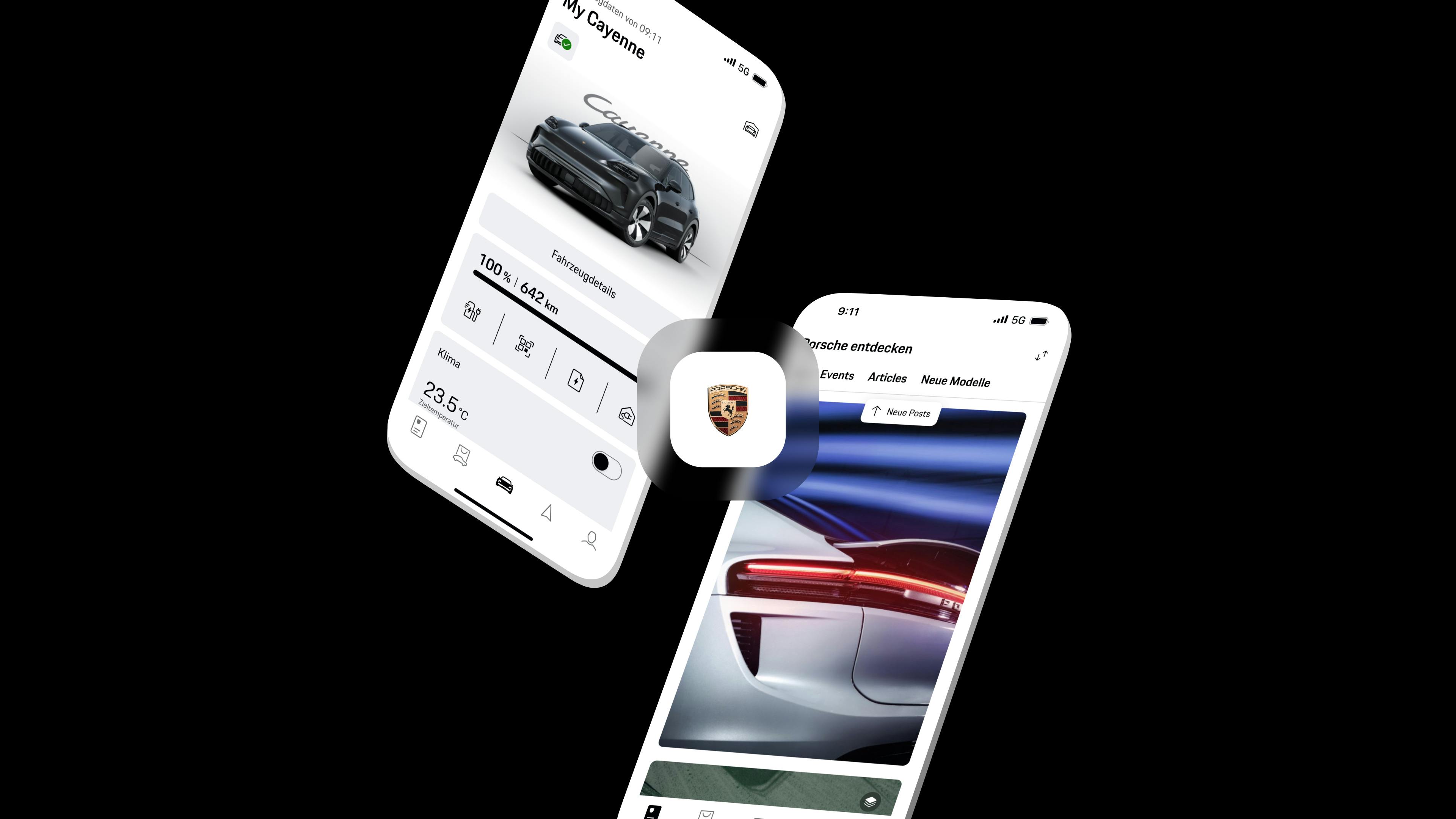 Zwei Smartphone-Bildschirme mit Porsche App: links Cayenne-Fahrzeugdaten, rechts Social Feed mit weißem Porsche.