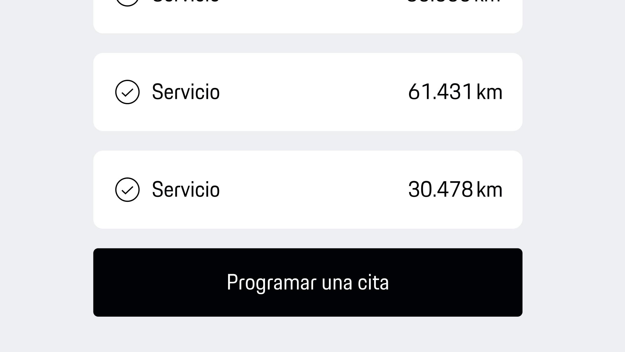 Vista de la aplicación que muestra la lista de inspección con los detalles del kilometraje y el botón negro «Reservar cita» para programar el servicio.