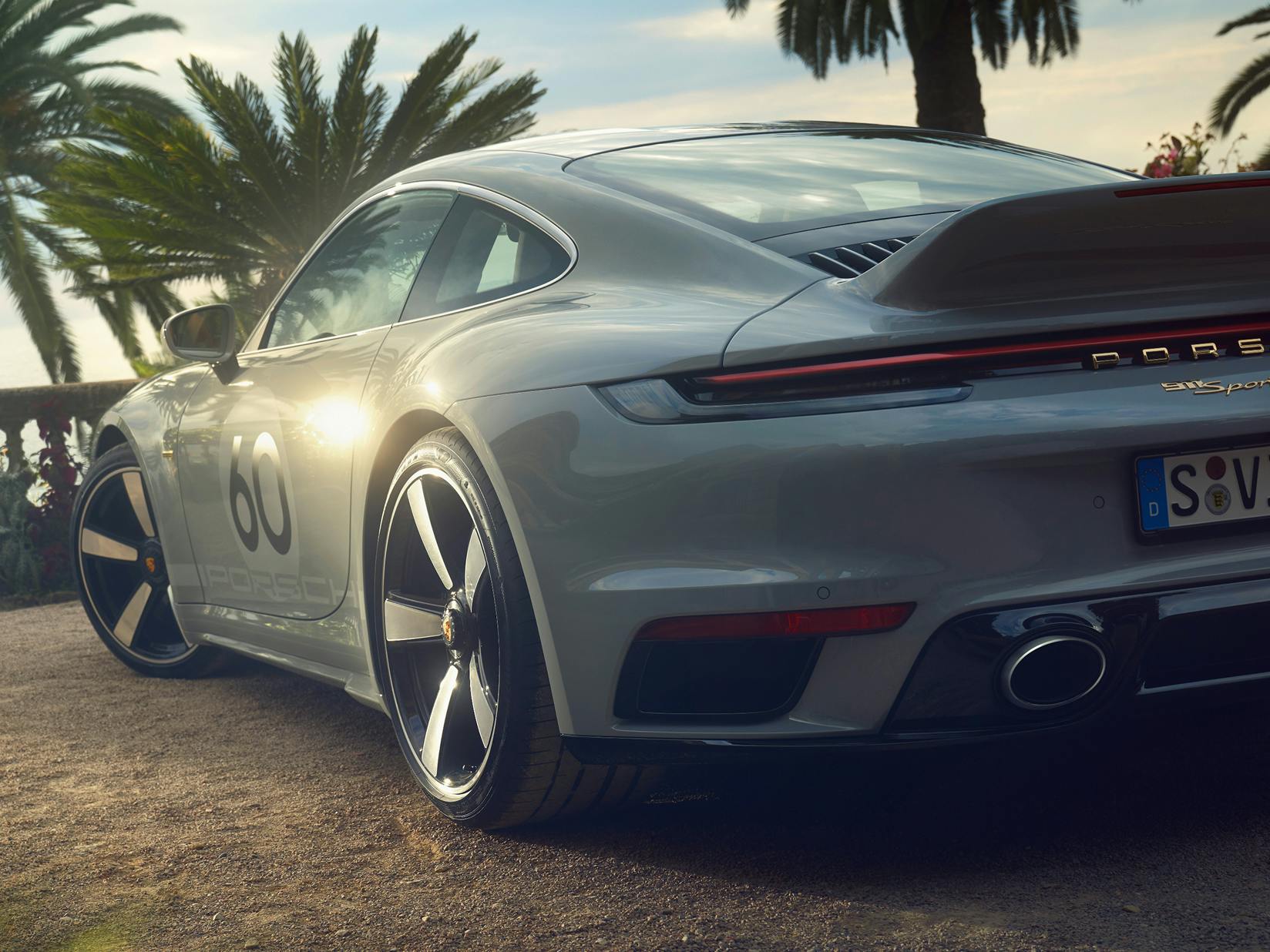 Rear view of a Porsche 911 Sport Classic in Sport Grey Metallic.