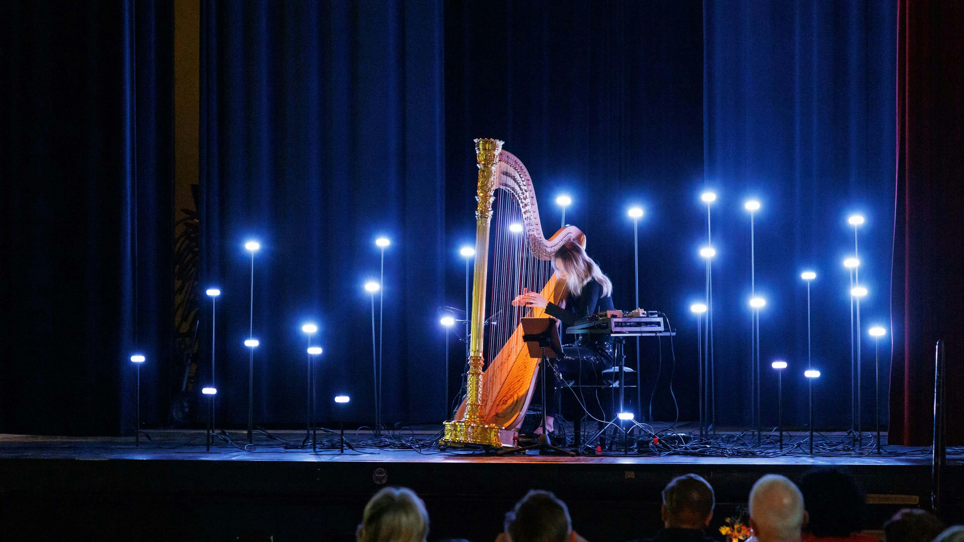 Visuele klankperformance door harpiste Doriene Marselje, genaamd ‘In a landscape’ tijdens het Porsche24 evenement ‘The Route of Sound’.