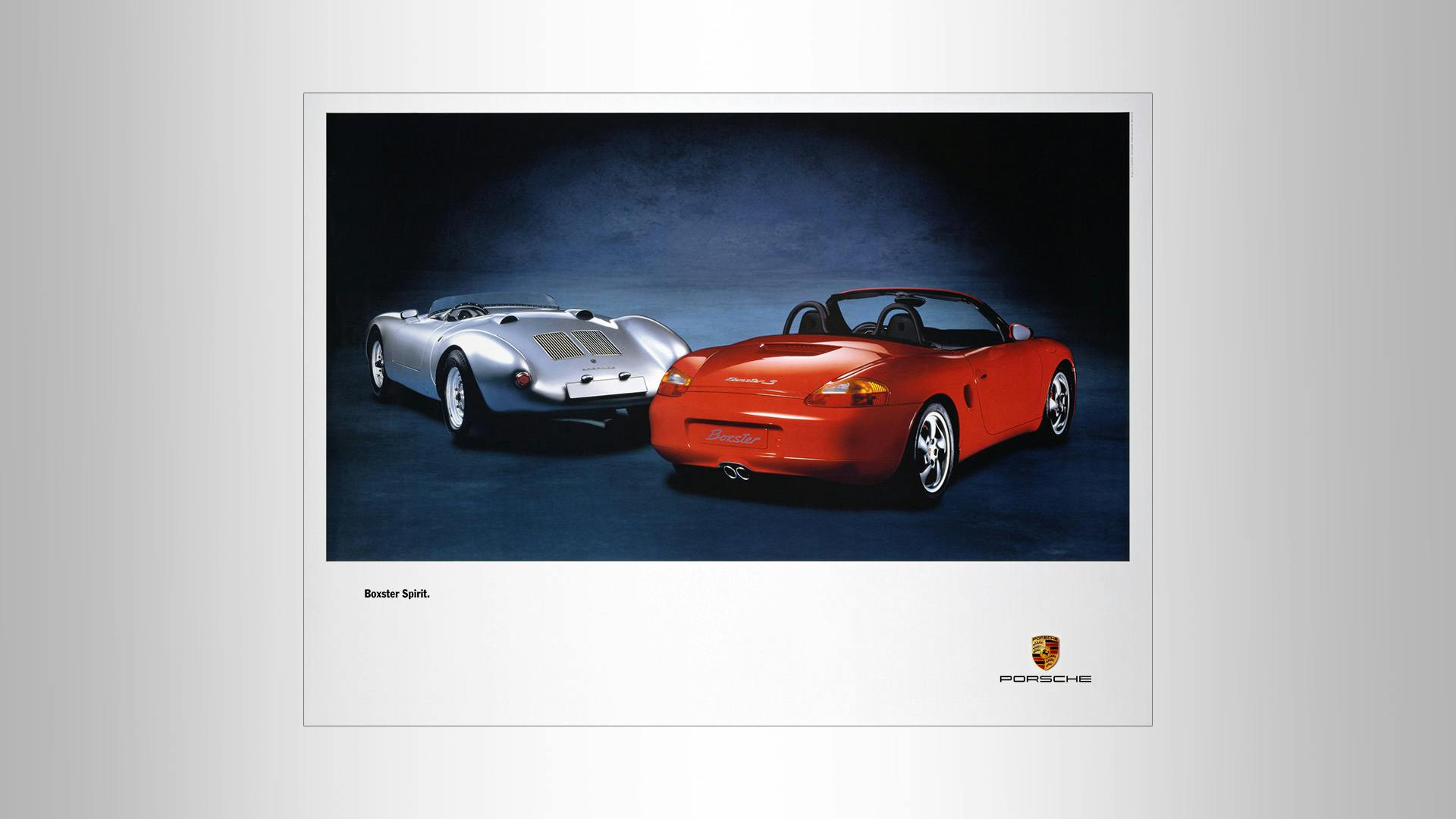 Advertising poster Porsche Boxster spirit: Vintage photo of a red and silver Porsche Boxter.