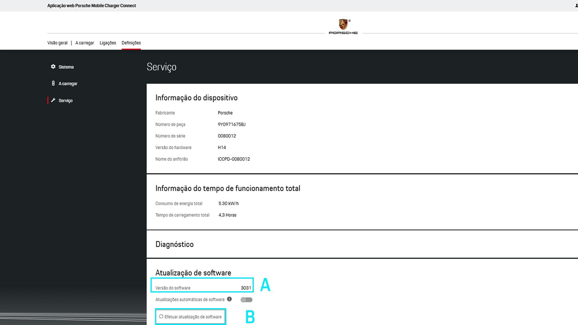 Menu de manutenção no aplicativo da web. Versão do software e Executar atualização de software são destacados.