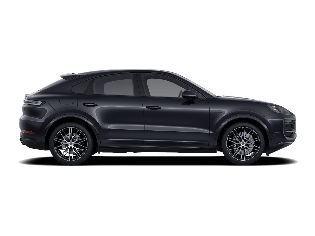 Side view/profile of the Porsche Cayenne E-Hybrid Coupé Black Edition in Chromite Black Metallic.