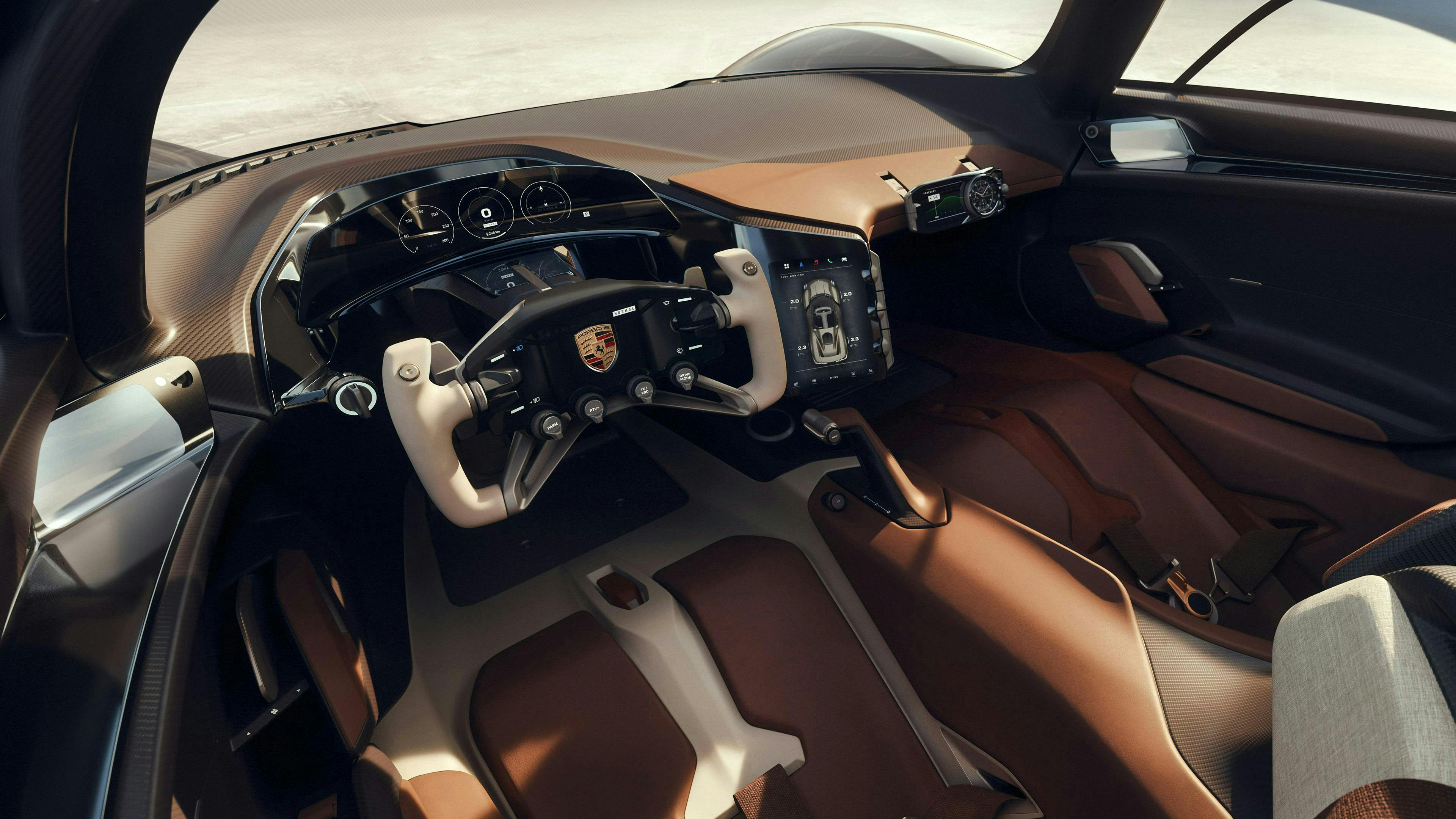 Porsche Mission Xのインテリア: センタースクリーンとカーブドディスプレイの詳細ビュー