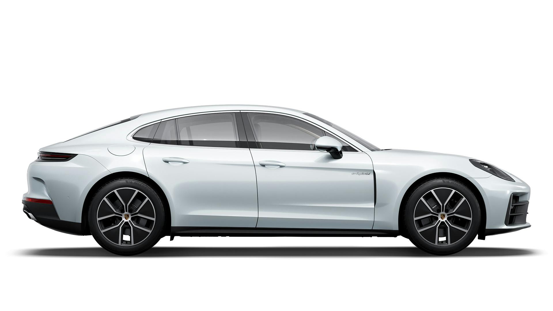 Side shot of a white Porsche Panamera 4 E-Hybrid on a white background.
