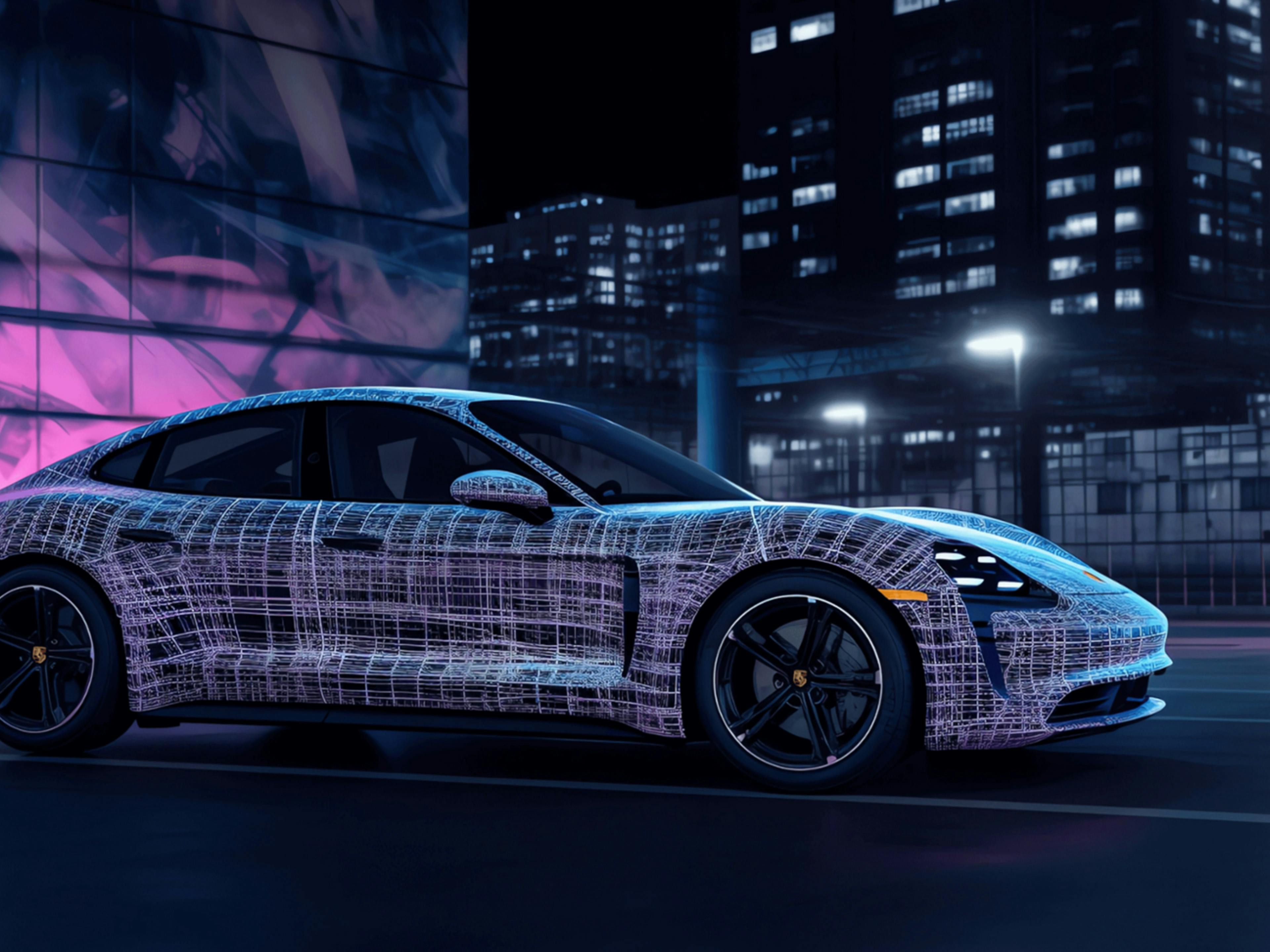 Ein digitales Modell des Porsche Taycan in einer futuristischen Stadt.