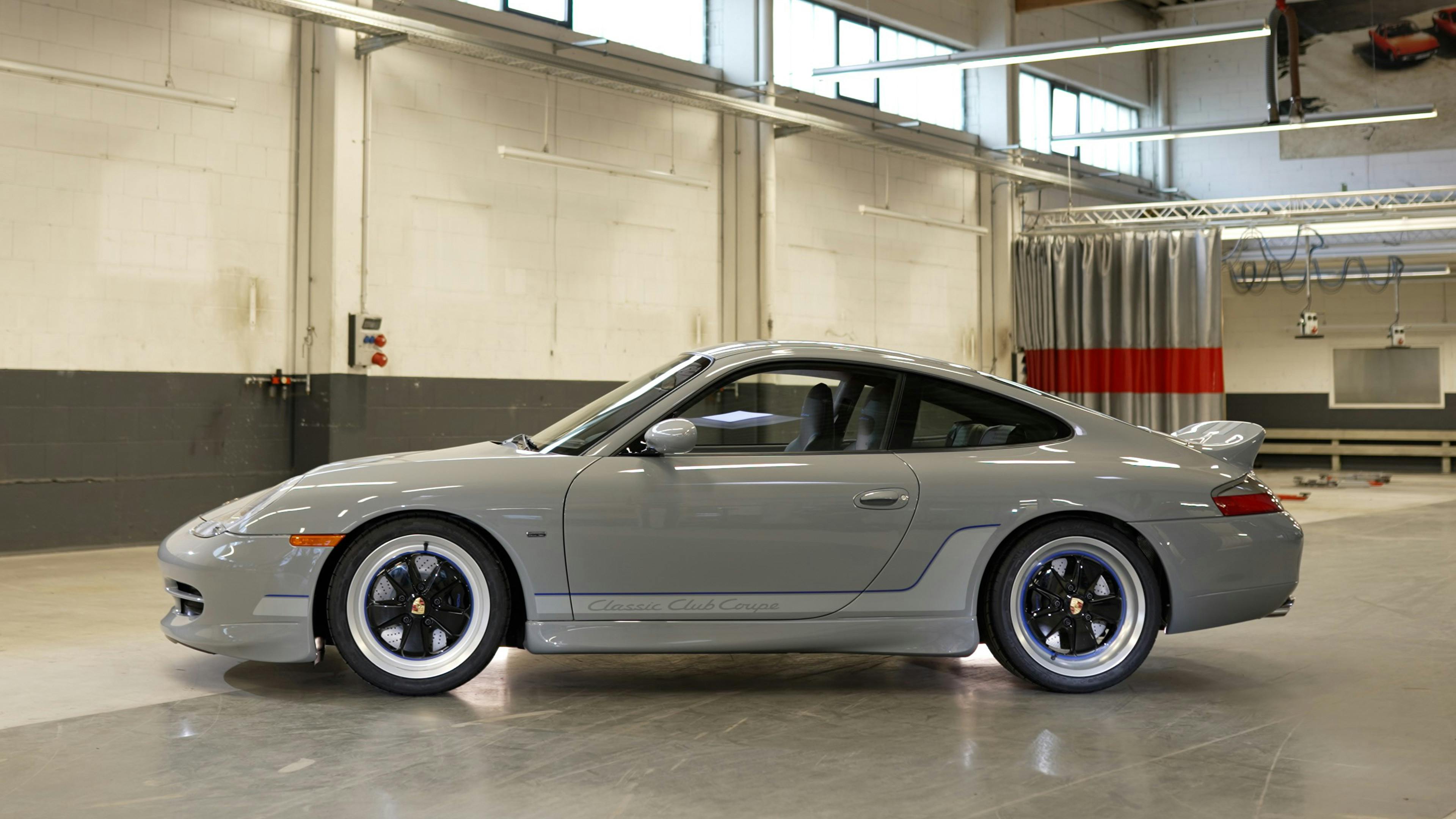 Porsche  911 Classic Club Coupe in Sport Grey, side view.